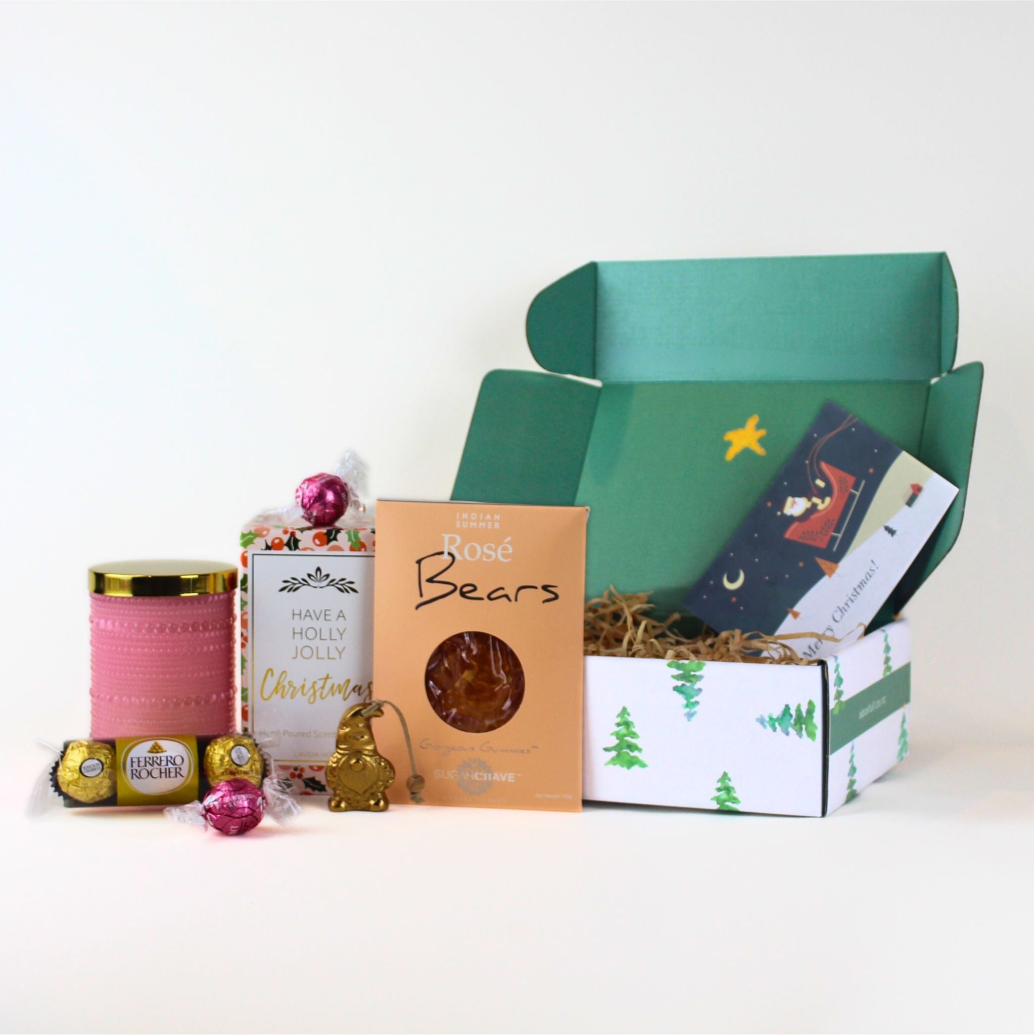 Luxury Christmas Gift Box NZ – thoughtfully curated with Xmas Tango candle, festive treats, elegant brass tree keepsake, and personalised gift card, ready for NZ-wide delivery.
