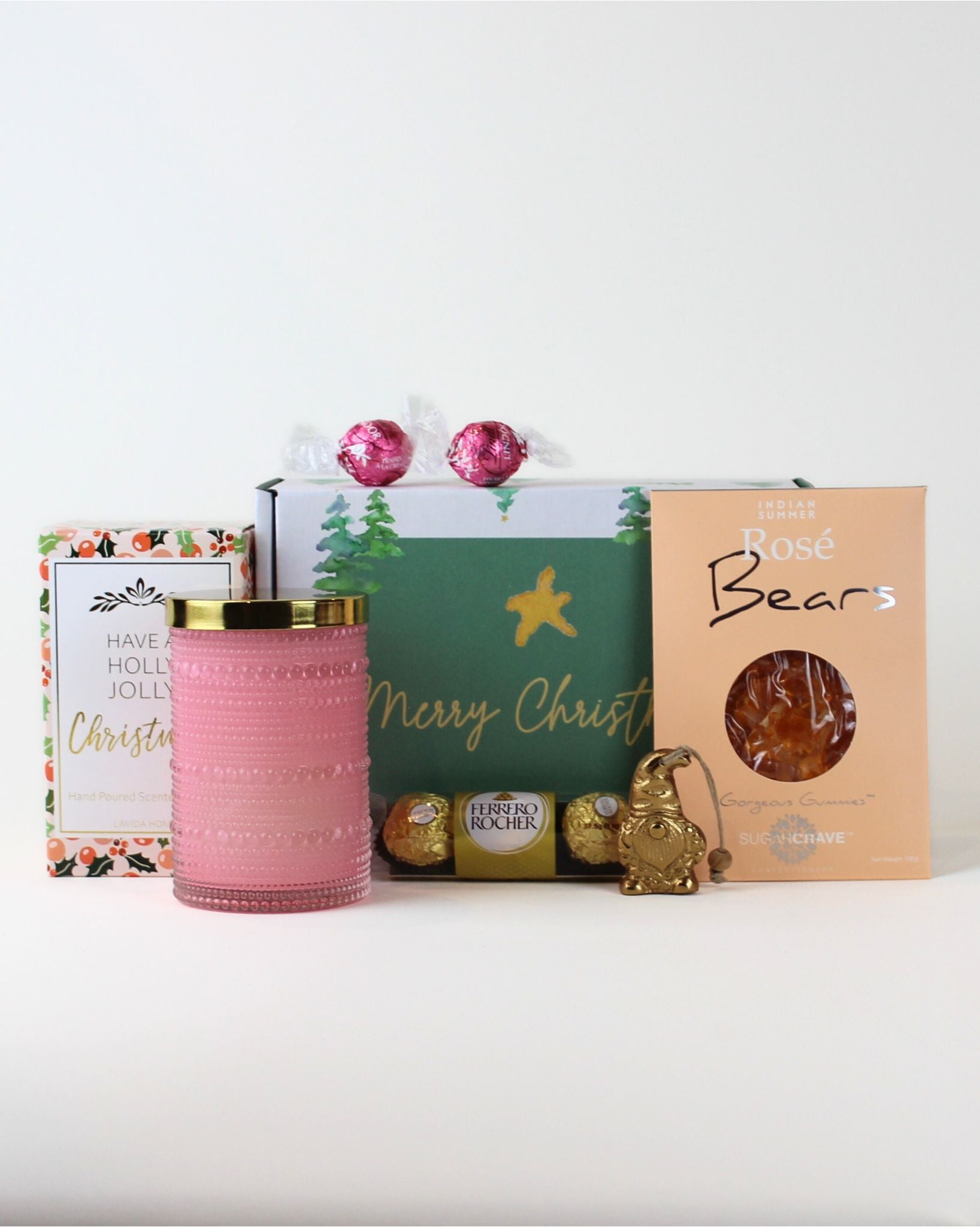 Luxury Christmas Gift Box NZ – thoughtfully curated with Xmas Tango candle, festive treats, elegant brass tree keepsake, and personalised gift card, ready for NZ-wide delivery.

