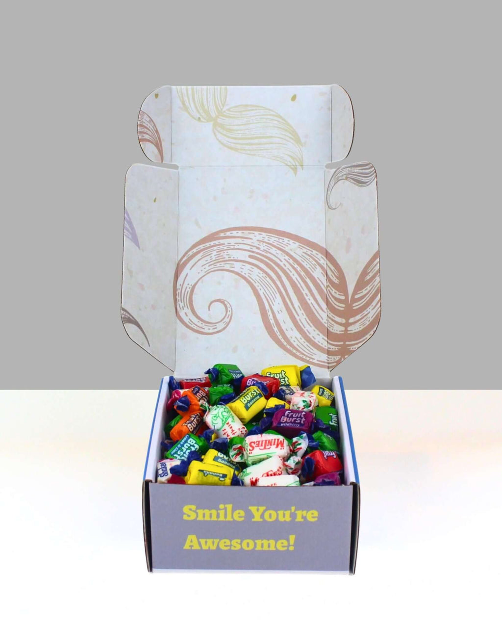 Fun lolly gift box NZ filled with colourful chewy lollies in a playful moustache themed gift box.