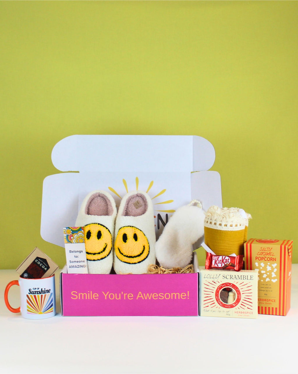 One Cosy Night Box-Full NZ – soft cotton throw, comfy slippers, sleep mask, mug, treats, and personalised card, beautifully packaged for NZ-wide delivery.
