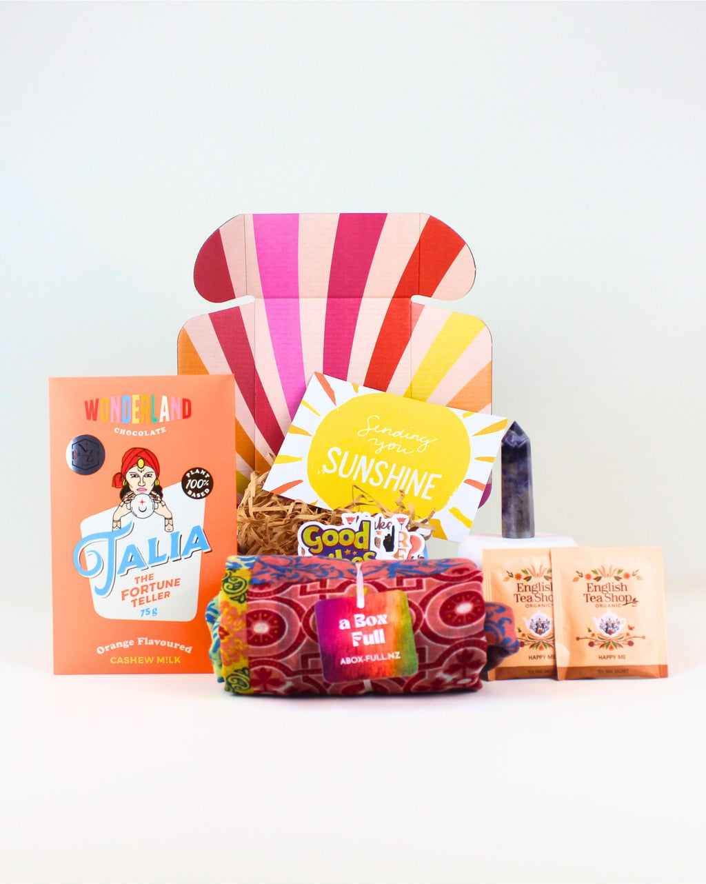 Petite Crystal Box-Full NZ – crystal with meaning card, scarf or sarong, vegan chocolate, herbal tea, and personalised card, beautifully packaged for NZ-wide delivery.
